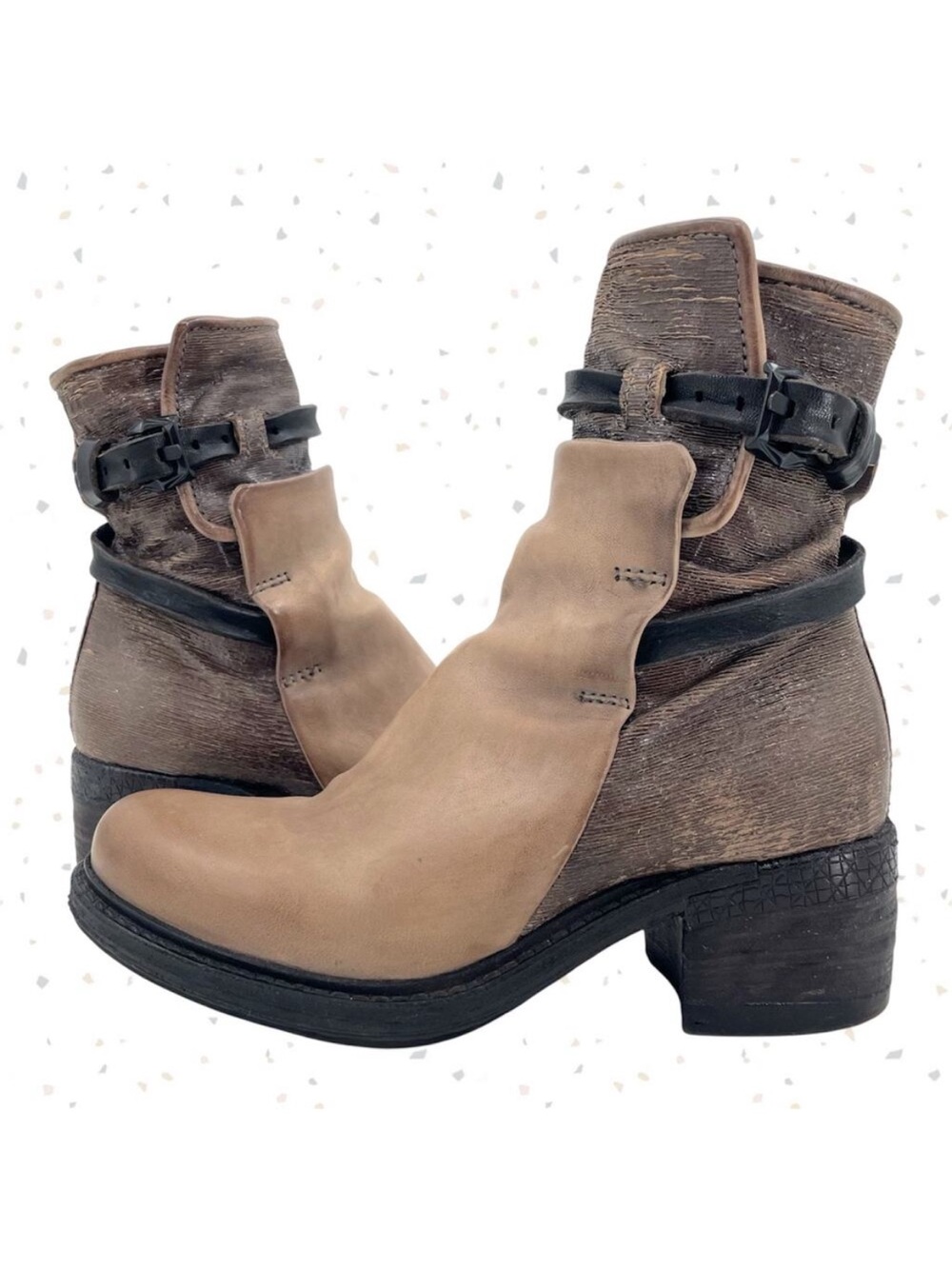 A.S.98 Netta Leather Ankle Boots Tan Brown Moto Buckles Zipper Style Size EU 37